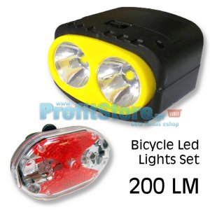 Σετ Ποδηλάτου Φακός Υψηλής Φωτεινότητας LED 200 LM + Πίσω Φως 5x Led