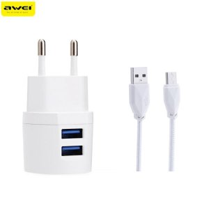 Φορτιστής Ρεύματος Fast Charge με 2 Θύρες USB &amp; Καλώδιο mUSB - 2x USB Charger 2,1A Awei