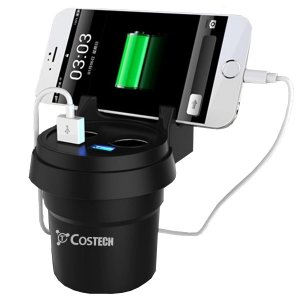 Βάση Κινητού, 2x Εξόδους USB με LED, 2x Αναπτήρες Αυτοκινήτου 3 σε 1 για την Ποτηροθήκη