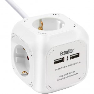 Πολύπριζο 4 Θέσεων με 2 x USB ExtraStar© Extended με Καλώδιο 1,5m &amp; Βάση Στήριξης Λευκό