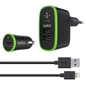 Σετ Αντάπτορα Φορτιστή Belkin για Πρίζα &amp; Αναπτήρα Αυτοκινήτου &amp; Καλώδιο Lightning Iphone