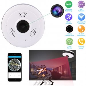 Ασύρματη Κάμερα Οροφής IP Wifi με Ευρυγώνιο Φακό Fish Eye HD 920p Πανοραμικής Θέασης, Αισθητήρα Κίνησης, Ειδοποιήσεις, Baby Monitor Μικρόφωνο &amp; Ηχείο