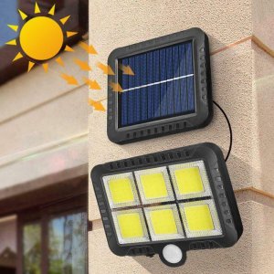 Επιτοίχιος Ηλιακός Προβολέας 120 COB LED με Ανιχνευτή Κίνησης, Φωτοκύτταρο &amp; Πάνελ Φόρτισης - Ψυχρού Φωτισμού - Solar Panel Led Light w, Motion Sensor