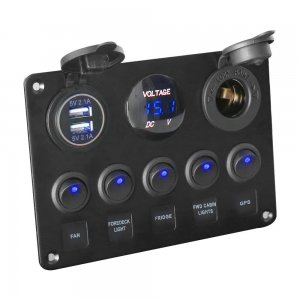 Αδιάβροχο Πάνελ Ελέγχου 12V LED Φωτιζόμενος με 2x USB Φόρτισης, Ψηφιακό Βολτόμετρο, Αναπτήρα &amp; 5 Διακόπτες για Σκάφη - Panel Marine