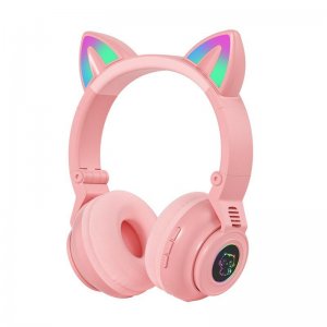 LED Bluetooth Ασύρματα On-Ear Ακουστικά Αυτιά Γάτας με Εναλλασσόμενο Φωτισμό - Wireless Cat Ear Headphones Ροζ