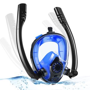 Sub Full Face Snorkel Mask - Ολοπρόσωπη Μάσκα Θάλασσας,Κατάδυσης με 2 Αναπνευστήρες &amp; Βάση για Action Camera L,XL για Ενήλικες HJKB K2 Μπλέ,Μαύρη OEM