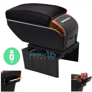 Premium Κονσόλα Χειρόφρενου &amp; Πολύ Φορτιστής USB με Εσωτερικό Φωτισμό, Ποτηροθήκη, Τασάκι Universal - Τεμπέλης Αυτοκινήτου Μαύρο με Σχέδιο Ξύλου