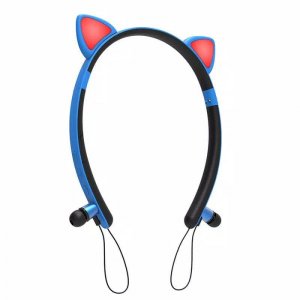 Bluetooth Ασύρματα Ακουστικά Ψείρες με Μαγνήτη, Στερεοφωνικά &amp; LED Αυτάκια Γάτας - Luminous Wireless Earphone Cat Ear ZW-29 Μπλε OEM