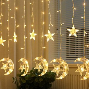 LED Χριστουγεννιάτικα Φωτάκια Ασύμμετρη Κουρτίνα Γιρλάντα 3μ με Φεγγάρια &amp; Αστέρια 100 LED Θερμο Κίτρινο &amp; 8 Προγράμματα Christmas Lights Stars On Moons
