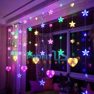 Μεγάλη LED Χριστουγεννιάτικη Ασύμμετρη Κουρτίνα Γιρλάντα 3μ με Αστέρια &amp; Καρδούλες RGB &amp; 8 Προγράμματα Christmas Curtain Lights