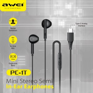 Awei Ενσύρματα Ακουστικά Handsfree με Βύσμα Type C Μαύρα - In-ear Handsfree PC-1T