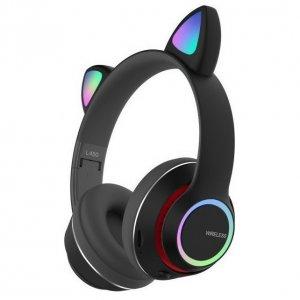 Bluetooth Ασύρματα &amp; Ενσύρματα Ακουστικά Αυτιά Γάτας Αναδιπλούμενα με Πολύχρωμα Φώτα LED RGB - Μαύρο