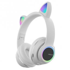 Bluetooth Ασύρματα &amp; Ενσύρματα Ακουστικά Αυτιά Γάτας Αναδιπλούμενα με Πολύχρωμα Φώτα LED RGB - Λευκό