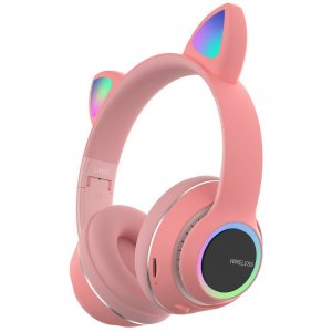 Bluetooth Ασύρματα &amp; Ενσύρματα Ακουστικά Αυτιά Γάτας Αναδιπλούμενα με Πολύχρωμα Φώτα LED RGB - Ρόζ