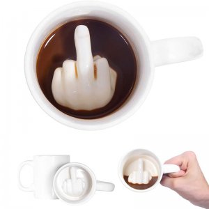 Κεραμική Κούπα  Up Yours  410 ml, Ανάγλυφο Χέρι με Σηκωμένο Δάχτυλο στο Εσωτερικό, Λευκή Κούπα για Καφέ , Τσάι, OEM