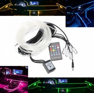 Διακοσμητικός Φωτισμός Οπτική Ίνα LED RGB 6μ Εσωτερικού Σαλονιού Αυτοκινήτου - Φωτορυθμικό με Τηλεχειριστήριο &amp; Μικρόφωνο 12V - Fiber Optic