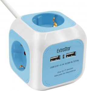 Πολύπριζο 4 Θέσεων με 2 x USB ExtraStar© Extended με Καλώδιο 1,5m &amp; Βάση Στήριξης Μπλε