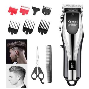 Kemei Πλήρες Premium Σετ Κουρέματος Barber με Eπαναφορτιζόμενη USB Κουρευτική Ξυριστική Μηχανή με Οθόνη, 7 Κεφαλές Σβησίματος, Χτένα &amp; Ψαλίδι