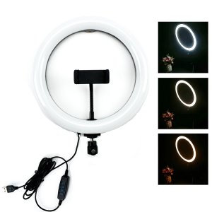 Φωτογραφικό Φωτιστικό Δαχτυλίδι LED 26cm USB με Ρυθμιζόμενο Θερμό &amp; Ψυχρό Φωτισμό - Dimmer &amp; Βάση Στήριξης Κινητού - Ring Light