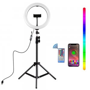 Φωτογραφικό Φωτιστικό Δαχτυλίδι RGB LED 26cm USB με Αpp Εφαρμογή, Τηλεχειριστήριο, Ρυθμιζόμενο Χρώμα Φωτισμού, Dimmer, Τρίποδο &amp; Βάση Στήριξης Κινητού