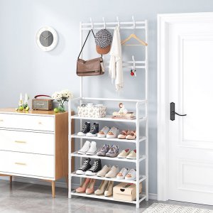 Μεταλλική Ραφιέρα Παπουτσοθήκη 170x60x26cm 5 Επιπέδων &amp; Κρεμάστρα Εισόδου, Τουαλέτας Μπάνιου για Παλτά, Μπουφάν &amp; Καπέλα Έπιπλο Εισόδου Λευκό