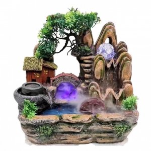 Διακοσμητικό Συντριβάνι Feng Shui με Σπιτάκι, Δέντρο, Τρεχούμενο Νερό &amp; Πολύχρωμο Φωτισμό LED 30x20x30 εκ
