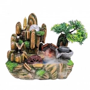 Διακοσμητικό Συντριβάνι Feng Shui με Σπιτάκι, Δέντρο, Τρεχούμενο Νερό &amp; Πολύχρωμο Φωτισμό LED 30x20x30 εκ