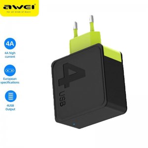 Τετραπλός Φορτιστής Πρίζας 100-240V με 4x USB Θύρες 4.0A Γρήγορης Φόρτισης - Αντάπτορας Τοίχου AWEI - Μαύρο, Πράσινο