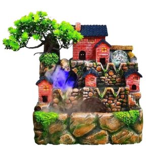 Διακοσμητικό Συντριβάνι Feng Shui με Σπιτάκι, Δέντρο, Τρεχούμενο Νερό και Πολύχρωμο Φωτισμό LED 30x20x31 εκ