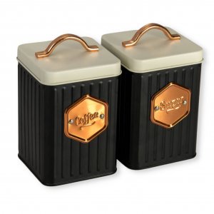 Σετ Μεταλλικά Δοχεία για Καφέ &amp; Ζάχαρη 12x12x16cm Μαύρο, Λευκό με Μπρονζέ Λεπτομέριες