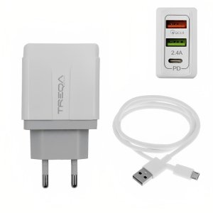 Φορτιστής Ταχείας Φόρτισης με 2 Θύρες USB 5.4A, 1 θύρα USB-C PD 38W και Καλώδιο Micro USB - Treqa