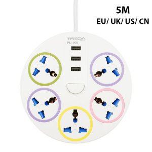Treqa Πολύπριζο Ασφαλείας 3000W 5 Θέσεων EU/ UK/ US/ CN με Διακόπτη, 3 Θύρες USB &amp; Καλώδιο 5 Μέτρα - Λευκό