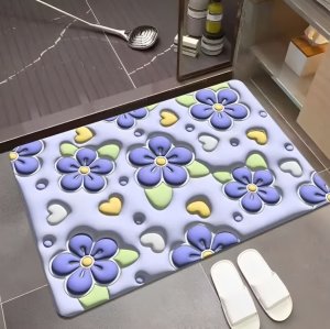 3D Ανάγλυφο Μαλακό Πατάκι Μπάνιου - Αντιολισθητικό &amp; Αδιάβροχο - Μωβ Λουλούδια - 38 x 58 cm
