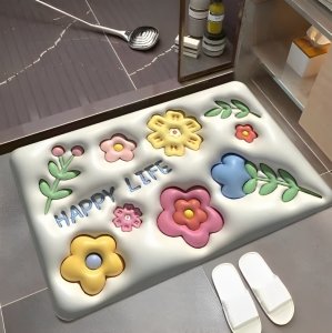 3D Ανάγλυφο Μαλακό Πατάκι Μπάνιου - Αντιολισθητικό &amp; Αδιάβροχο - Happy Life - 38 x 58 cm