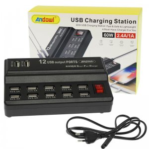 Βάση Φόρτισης 100-240V με 12 Θύρες USB-A 60W 2.4A/1A Andowl - Μαύρη