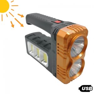 Ηλιακός Επαναφορτιζόμενος Διπλός Φακός LED - XPE/COB - USB 5V - 3 Λειτουργίες Φωτισμού