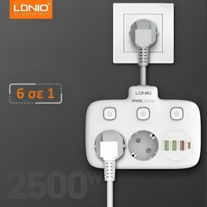 LDNIO Πολύπριζο 2 Θέσεων με Διακόπτες ON/OFF και 3 USB-A &amp; USB-C - Intelligent Power Strip