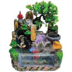 Διακοσμητικό Συντριβάνι Feng Shui με Σπιτάκι, Δέντρο, Λίμνη, Τρεχούμενο Νερό &amp; Πολύχρωμο Φωτισμό LED 30x20x30cm