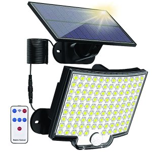 LED Αδιάβροχο Ηλιακό Επαναφορτιζόμενο Επιτοίχιο Φωτιστικό με Πάνελ 108 SMD, Αισθητήρα Κίνησης, Τηλεχειριστήριο και Ψυχρό Λευκό Φωτισμό Μαύρο