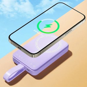 Μοντέρνο Power Bank Ασύρματης και Ενσύρματης Γρήγορης Φόρτισης PD20W 10000mAh σε Μοβ Χρώμα Wekome