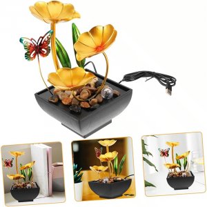 Διακοσμητικό Συντριβάνι Feng Shui Εσωτερικού και Εξωτερικού Χώρου 220V με Φωτισμό LED, Χρυσά - Πράσινα Φύλλα, Πεταλούδα και Πέτρες