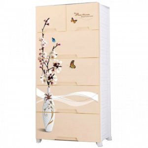 Πλαστική Συρταριέρα σε Μπεζ Χρώμα 139x70x49cm με 6 Συρτάρια Σχέδιο Βάζο με Λουλούδια