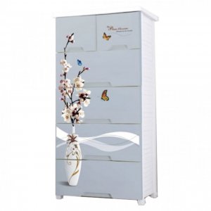 Πλαστική Συρταριέρα σε Γκρι Χρώμα 139x70x49cm με 6 Συρτάρια Σχέδιο Βάζο με Λουλούδια