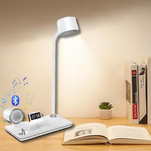 4 σε 1 Επιτραπέζια Λάμπα LED με Ηχείο Bluetooth, Ασύρματο Φορτιστή 15W &amp; Ρολόι - Λευκό