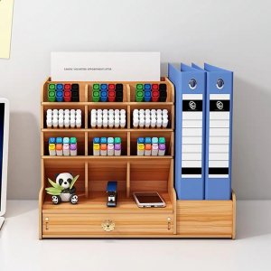 Ξύλινη MDF Επιτραπέζια Θήκη Οργάνωσης Γραφείου με Συρτάρι και Χώρο για Ντοσιέ 33×26×26cm