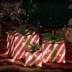 Aigostar Σετ 3 τμχ Χριστουγεννιάτικα Διακοσμητικά Φωτιζόμενα Κουτιά Δώρου με 75LED, IP44 - 30, 25 &amp; 20cm