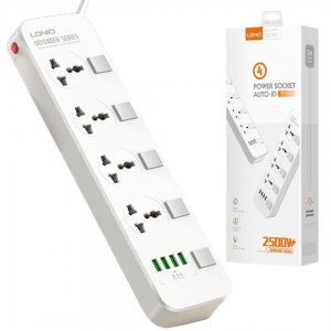 Πολύπριζο Ασφαλείας 4 Universal Θέσεων με 4 USB &amp; Διακόπτες 2m - LDNIO