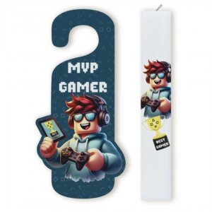 Σετ Πασχαλινή Λαμπάδα με Εκτύπωση ΄΄MVP Gamer΄΄ με Ξύλινο Καδράκι Πόρτας