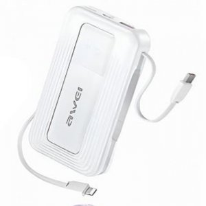 Awei Travel Light Power Bank 10000mAh – Ενσωματωμένα Καλώδια USB-C και Lightning 22.5W, Διπλή Έξοδος Λευκό