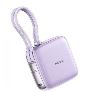 Remax Power Bank 10000mAh – Γρήγορη Φόρτιση 22.5W με Ενσωματωμένα Καλώδια USB-C και Lightning Μοβ